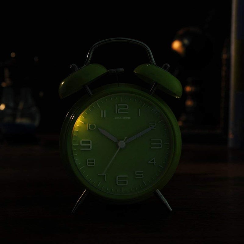 Peakeep 4 Inches Twin Bell Loud Alarm Clock for Heavy Sleepers, Battery Operated Old Fashioned Alarm Clock (3D-Dial, Green) - Image 5