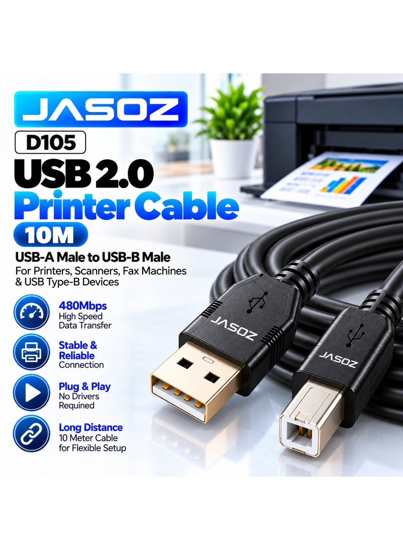 JASOZ D105 USB Printer Cable 10M, USB 2.0 Type-A Male to Type-B Male High Speed Cable, Long Distance Data Transmission with Oxygen-Free Copper & Anti-Interference Shielding, Plug & Play @ HP, Canon, Epson, Brother, Samsung, Dell, Xerox & Lexmark Printers - Image 1