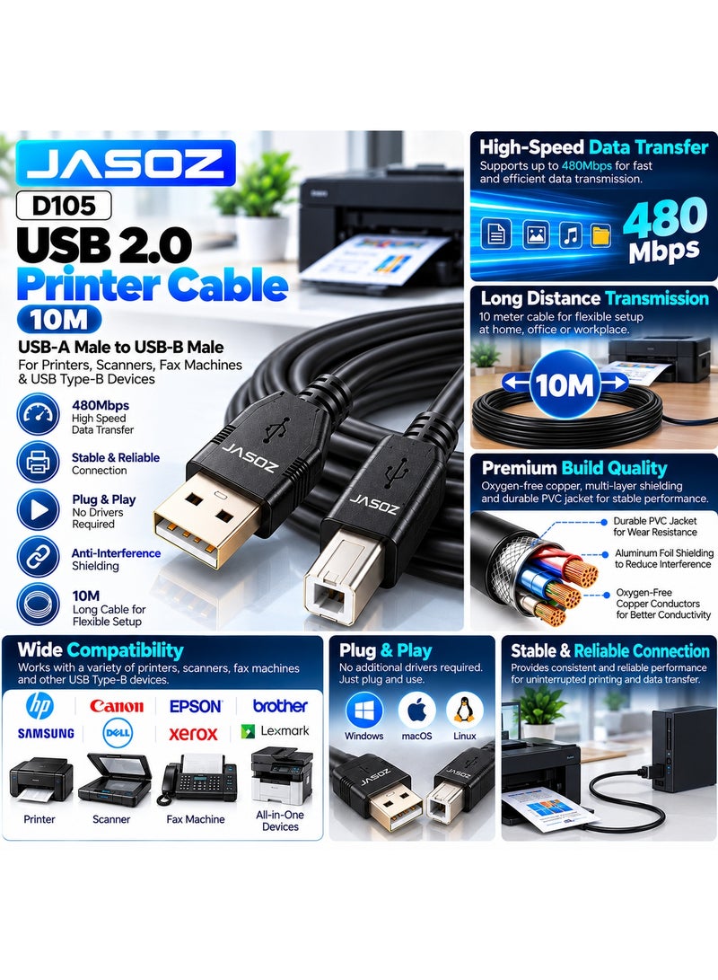 JASOZ D105 USB Printer Cable 10M, USB 2.0 Type-A Male to Type-B Male High Speed Cable, Long Distance Data Transmission with Oxygen-Free Copper & Anti-Interference Shielding, Plug & Play @ HP, Canon, Epson, Brother, Samsung, Dell, Xerox & Lexmark Printers - Image 2