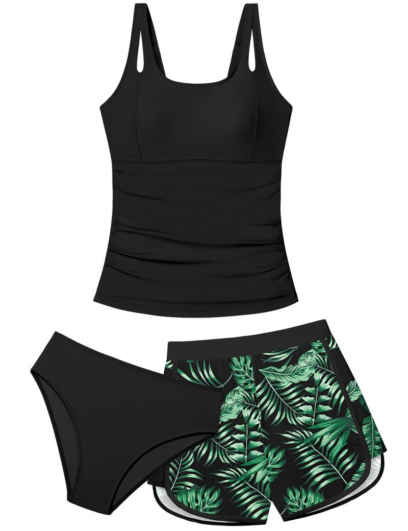 Aulyffo Girls Tankini Swimsuit Size 10 Girls Bathing Suits Size 8-10 Tropical Print 3 Piece Bathing Suits Square Collar Swim Tank Top with Bottoms and Boy Shorts Black - Image 1
