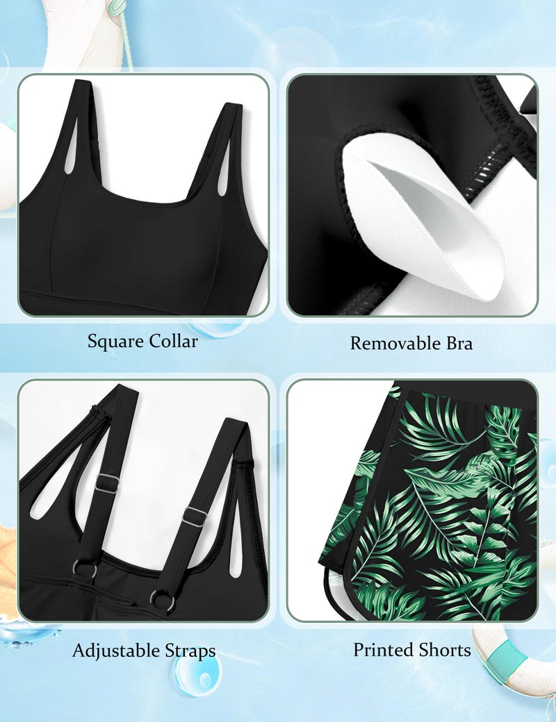 Aulyffo Girls Tankini Swimsuit Size 10 Girls Bathing Suits Size 8-10 Tropical Print 3 Piece Bathing Suits Square Collar Swim Tank Top with Bottoms and Boy Shorts Black - Image 5