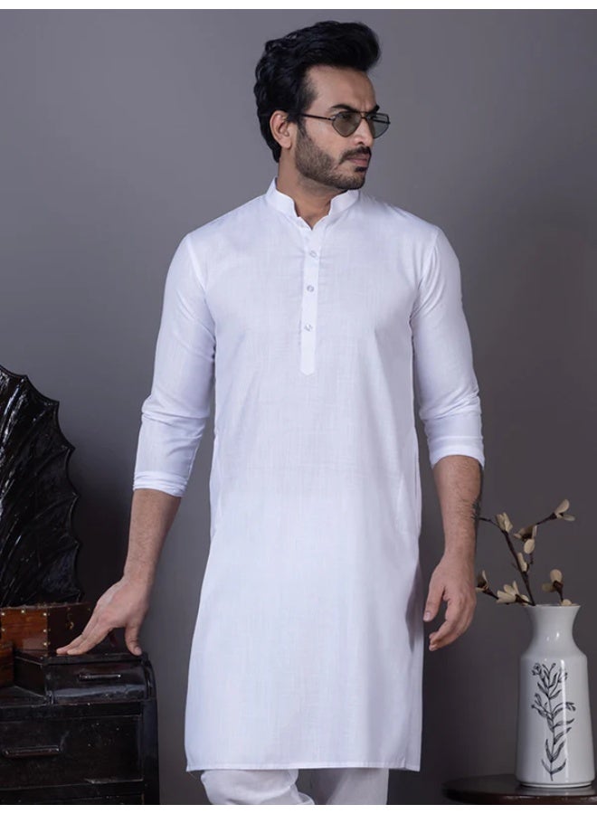Devoiler Mens White Plain Cotton Kurta Set - Image 2