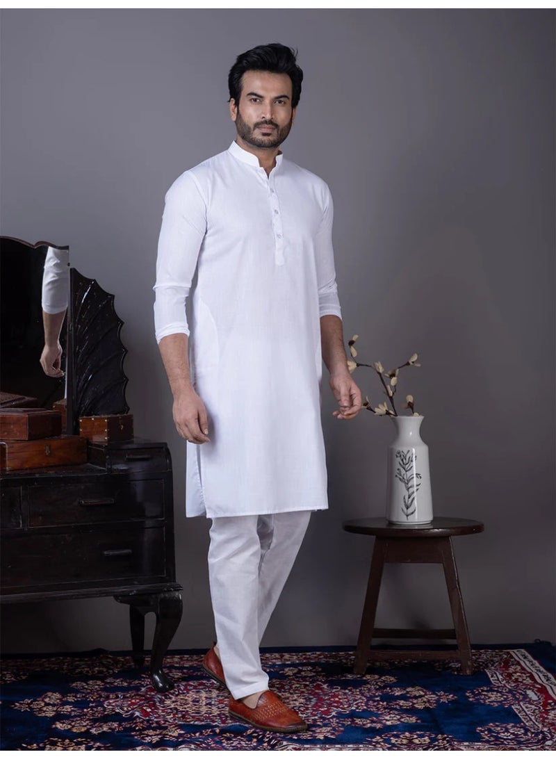 Devoiler Mens White Plain Cotton Kurta Set - Image 5