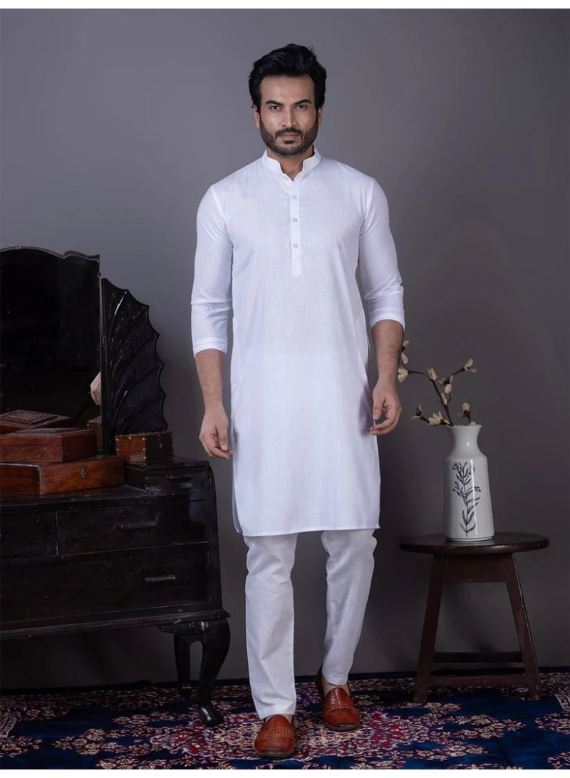 Devoiler Mens White Plain Cotton Kurta Set - Image 1