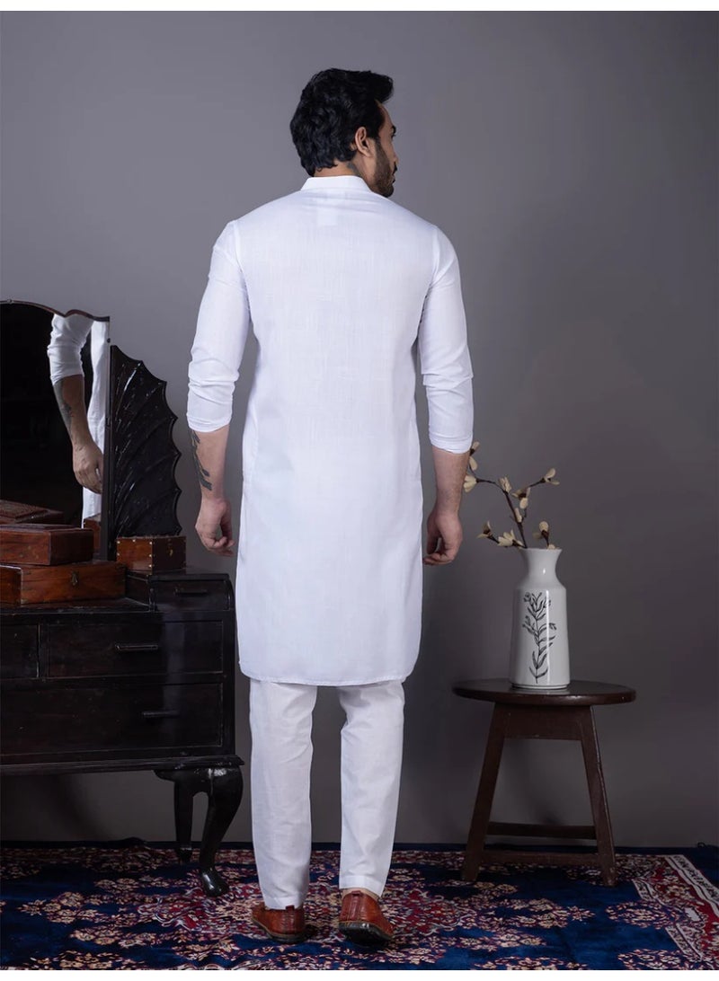 Devoiler Mens White Plain Cotton Kurta Set - Image 4