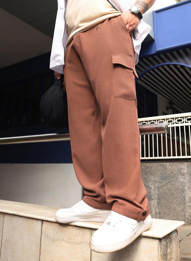 Instafab Plus Men Pleated-Textured Cargo Trousers | Mid-Rise , Side Elasticated Stretch | Button Closure , Cuffed-Straight Hem | Solid Textured | Woven Fabric For Casual & Street Wear | Teddy Brown - Image 1