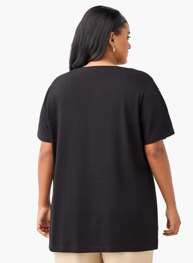 Ulla Popken Plus Size Ulla Popken Embroidered T-shirt with Short Sleeves