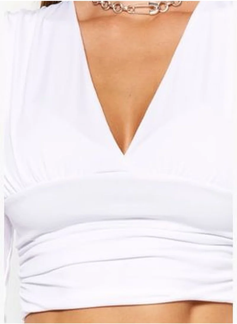trendyol White Draping Detail Fitted/Simple V-Neck Crop, Flexible Knitted Blouse TWOAW23BZ00320