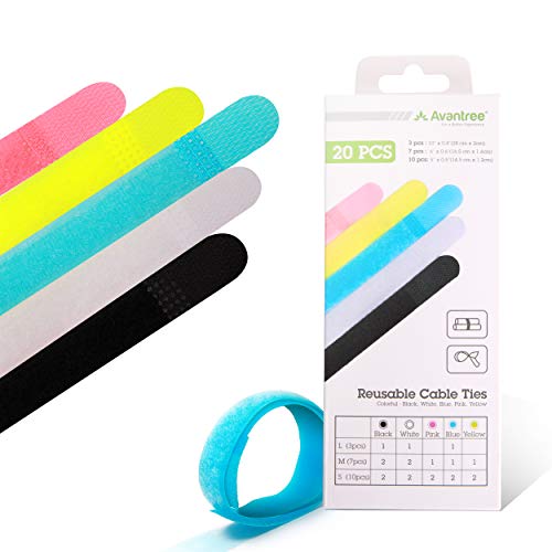 Avantree Pack of 20 Reusable Cord Organizer Keeper Holder, Fastening Cable Ties Straps for Earbud Headphones Phones Electronics Electrical Computer PC Wire Wrap Management, Assorted 3 Size and 5 Color - Image 1