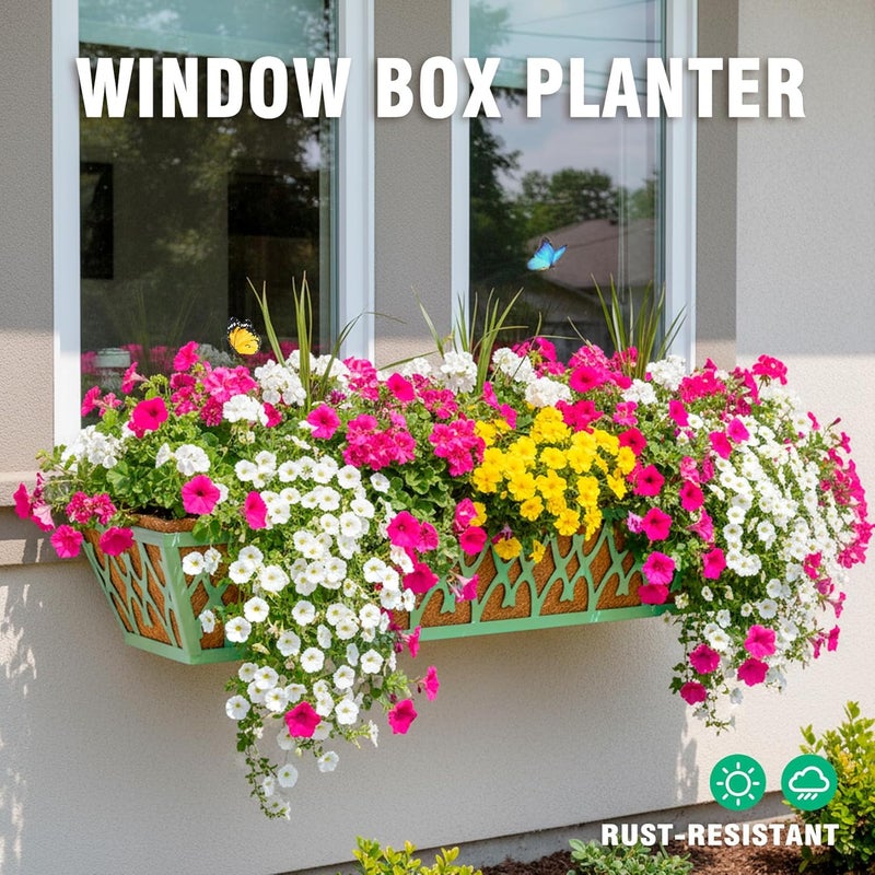 Karlliu 6 Pack 30 Inch Window Boxes Planters Railing Planter Box with Adjustable Brackets for Porch Fence Patio Balcony Hanging Flower Baskets with Coco Liners for Outdoor Garden Decor - Green - Image 2