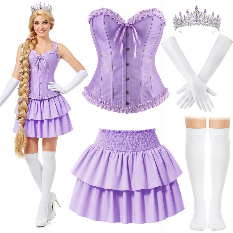 JaGely 5 Pcs Princess Fairy Costume for Women Corset Tops Skirt Headband Gloves Socks Adult Dress Carnival Role Play Party(S,Royal,Purple) - Image 1