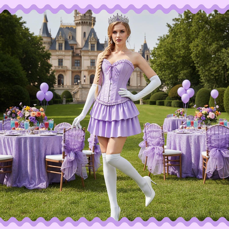 JaGely 5 Pcs Princess Fairy Costume for Women Corset Tops Skirt Headband Gloves Socks Adult Dress Carnival Role Play Party(S,Royal,Purple) - Image 5