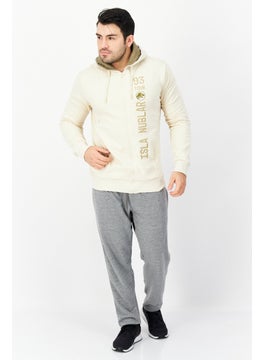 DIFUZED Men Hooded Long Sleeve Embroidered Sweatshirt, Beige  - Image 3