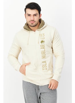 DIFUZED Men Hooded Long Sleeve Embroidered Sweatshirt, Beige  - Image 1