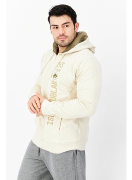 DIFUZED Men Hooded Long Sleeve Embroidered Sweatshirt, Beige  - Image 4