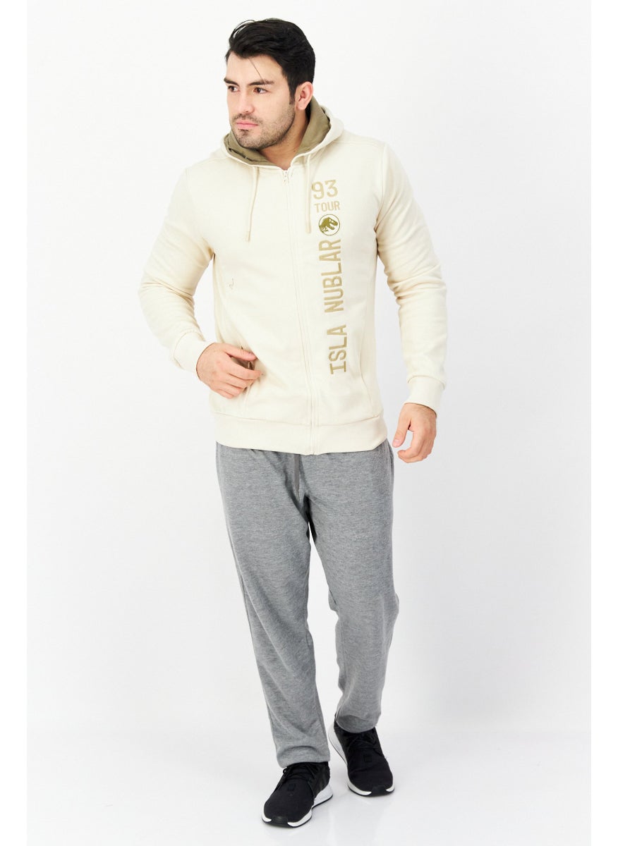 DIFUZED Men Hooded Long Sleeve Embroidered Sweatshirt, Beige  - Image 3