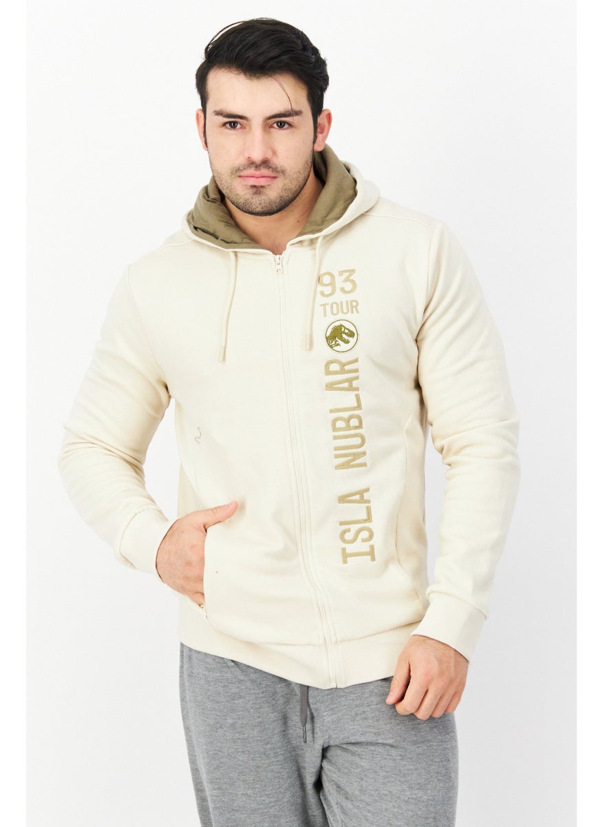 DIFUZED Men Hooded Long Sleeve Embroidered Sweatshirt, Beige  - Image 1