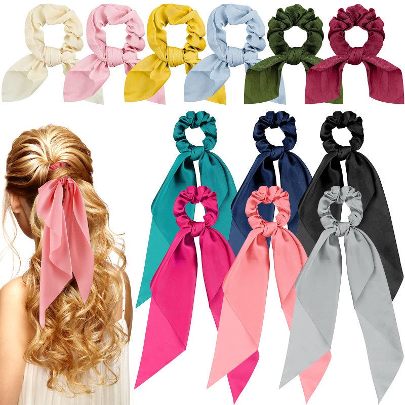 Mtlee 12 Pcs Hair Accessories for Women Hair Bows Scrunchies Scarf Ties Bunny Ears Silk Satin Scrunchies Hair Ribbons Hair Scarf Hair Ties with Bows for Women LadyFresh Color