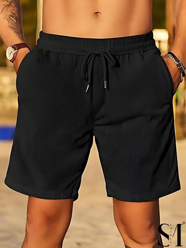 SMOWKLY Men's Premium Polycotton Casual Ribbed Shorts || Elastic & Drawstring Waist with 2 Pocket || Loose Fit Lightweight Burmuda Perfect for Workout, Beach & Summer ||Shorts Pant for Men - Image 2