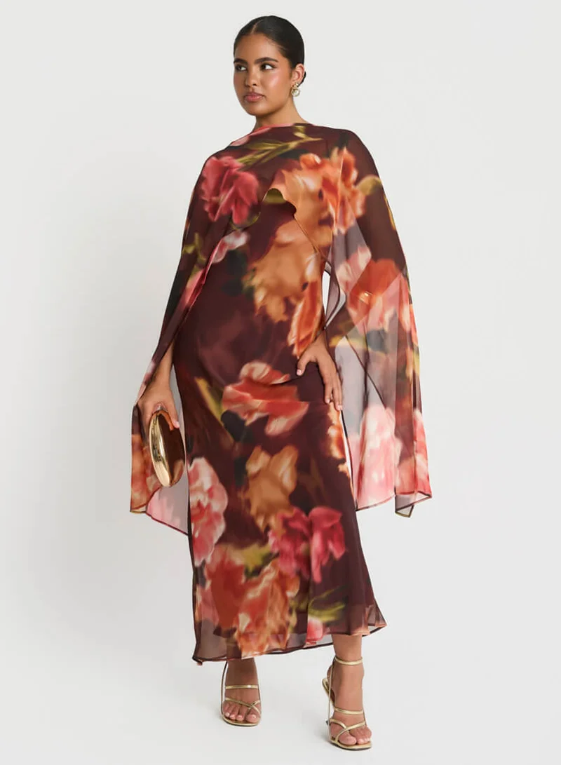 Brown Floral Chiffon Cape Maxi Dress