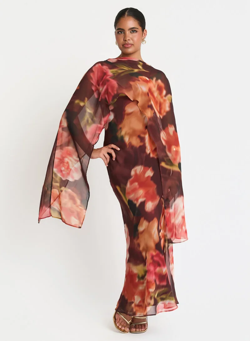 Needs No Label  Brown Floral Chiffon Cape Maxi Dress for Women | Best Price UAE