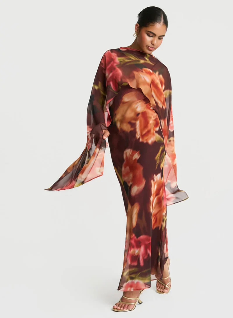 Needs No Label  Brown Floral Chiffon Cape Maxi Dress for Women | Best Price UAE