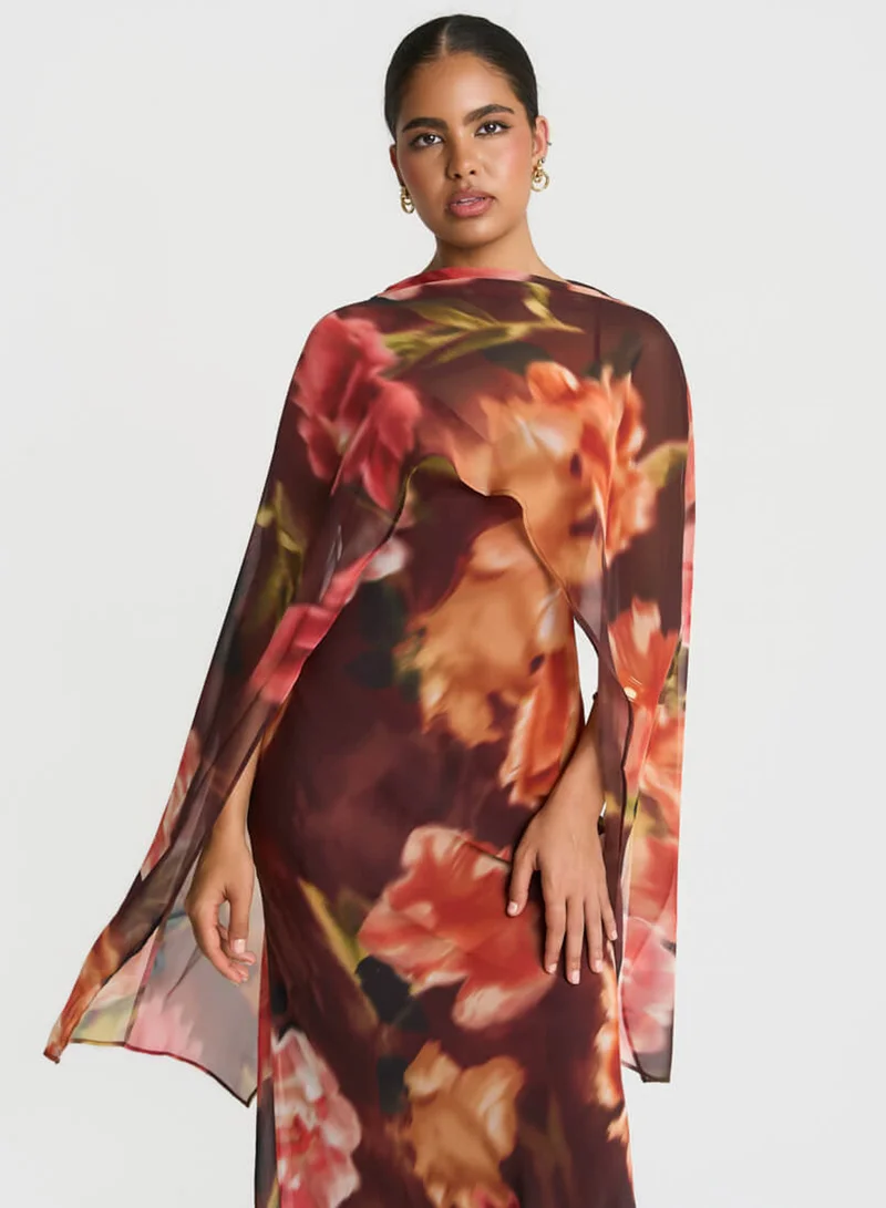 Needs No Label  Brown Floral Chiffon Cape Maxi Dress for Women | Best Price UAE