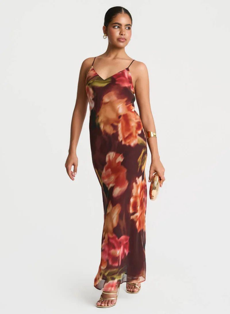 Needs No Label  Brown Floral Chiffon Cape Maxi Dress for Women | Best Price UAE