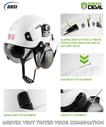 GREEN DEVIL Safety Helmet Hard Hat with Visor and Ear Protection Adjustable Lightweight Vented ABS Work Helmet for Men and Women 6Point Suspension ANSI Z891 Approved Ideal for Industrial Construction - Image 3