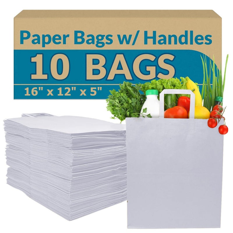Aakriti Strap Handle Paper Grocery Bags w/Handles Paper Grocery Bags, Shopping Bags w/Handles - Heavy Retail Bags, Return Gift Bag, Kraft Paper Bags (White-10 Bags, Extra Large: 16" x 12" x 5") - Image 1