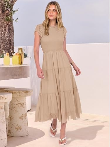 Caracilia Womens Summer Casual Tulle Midi Dresses Ruffle Sleeve Crew Neck Smocked Mesh 2026 Flowy Tiered Wedding Guest Dress Apricot Small - Image 3