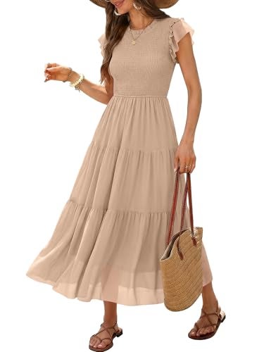 Caracilia Womens Summer Casual Tulle Midi Dresses Ruffle Sleeve Crew Neck Smocked Mesh 2026 Flowy Tiered Wedding Guest Dress Apricot Small - Image 1