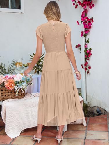 Caracilia Womens Summer Casual Tulle Midi Dresses Ruffle Sleeve Crew Neck Smocked Mesh 2026 Flowy Tiered Wedding Guest Dress Apricot Small - Image 5
