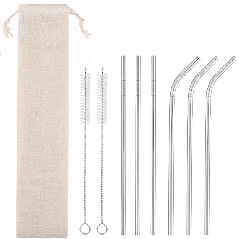 Set of 6 Reusable Metal Straws 85 Long Stainless Steel Straw with Cleaning Brushes and Case Drinking for 20 oz Tumblers