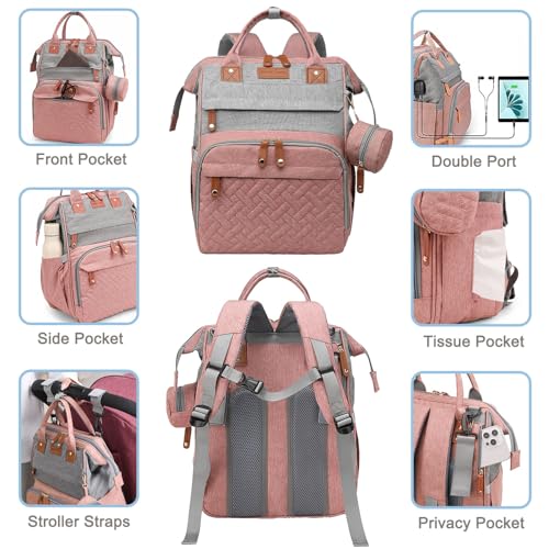 SHITIESHOU Diaper Bag Backpack Baby Bag for Mom Dad with Changing Pad, 19 Pockets, Large Waterproof Travel Baby Girl Boy Toddle Diaper Bag with Insulated Pocket, Baby Shower Gifts, Pink Grey - Image 3