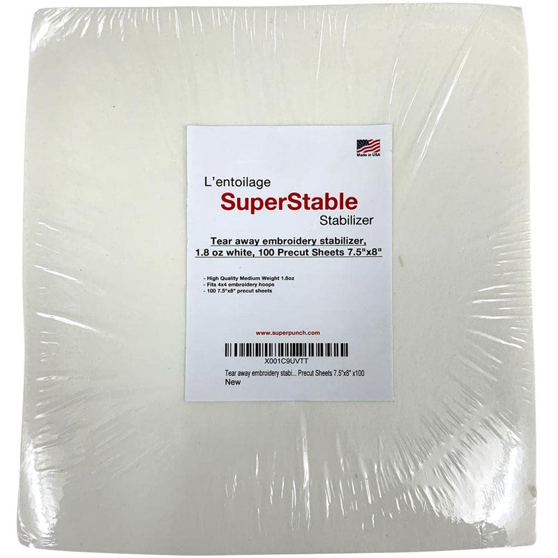 Superpunch Soft Tear Away 1.8 oz Stabilizer, Medium Weight Tearaway Stabilizer for Embroidery â€“ 7.5 inch x 8 inch, 100 Precut Sheets Superstable Machine Stabilizers Backing, Made in USA (White) - Image 1