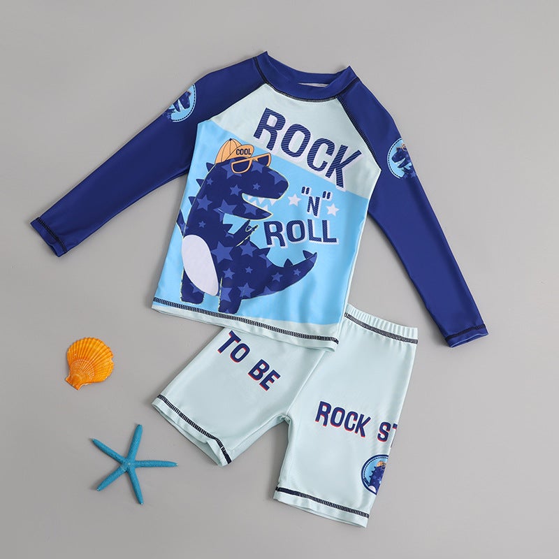 Generic Kids Long Sleeve Swimwear 2024 Cartoon Quick-Dry UV Protect Suit Rock Dinosaur 
