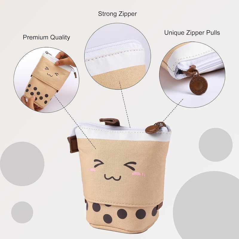 FINEMOE Polyester Standing Pencil Case Cute Pencil Pouch For Girls & Boys - Korean Boba Pop Up Stationery Makeup Cosmetic Organizer Box, Pen Pencil Pouches (Brown) - Image 2