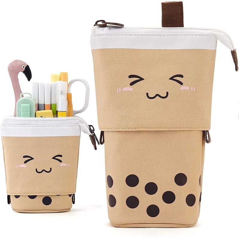 FINEMOE Polyester Standing Pencil Case Cute Pencil Pouch For Girls & Boys - Korean Boba Pop Up Stationery Makeup Cosmetic Organizer Box, Pen Pencil Pouches (Brown) - Image 1