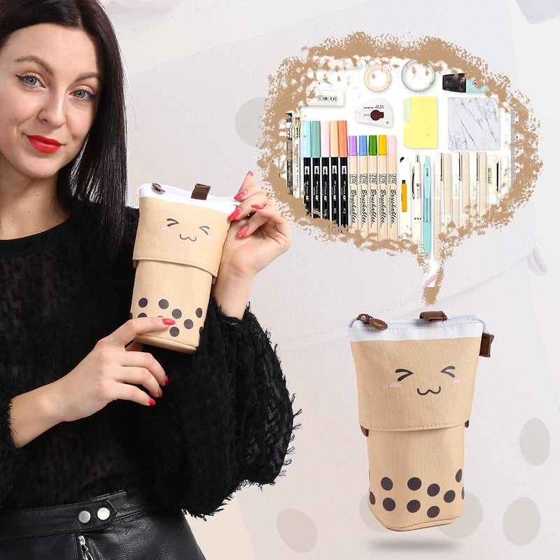 FINEMOE Polyester Standing Pencil Case Cute Pencil Pouch For Girls & Boys - Korean Boba Pop Up Stationery Makeup Cosmetic Organizer Box, Pen Pencil Pouches (Brown) - Image 3