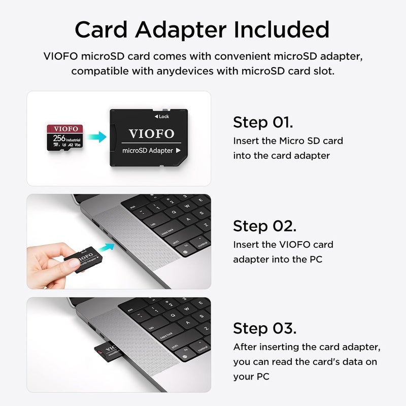 Viofo 256GB Industrial Grade microSD Card, U3 A2 V30 High Speed Memory Card with Adapter, Support Ultra HD 4K Video Recording - Image 3