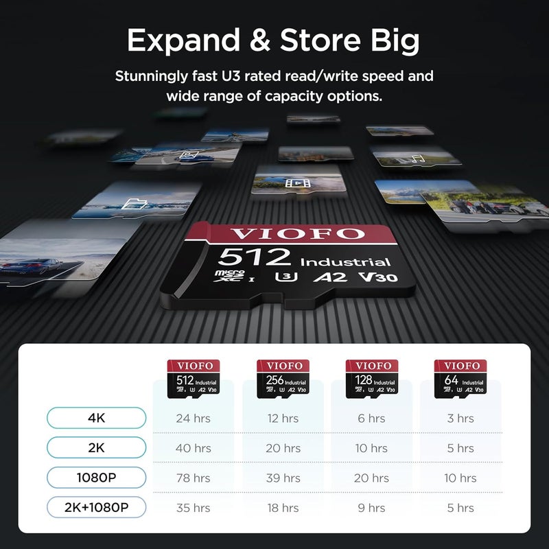 Viofo 256GB Industrial Grade microSD Card, U3 A2 V30 High Speed Memory Card with Adapter, Support Ultra HD 4K Video Recording - Image 5