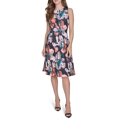 HALSTON H Women's A Line Round Neck Dress, Pine Multi, 10 - Image 1