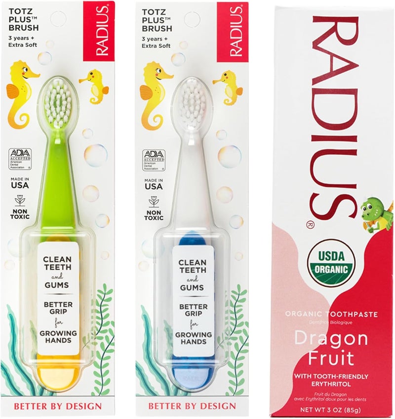 Radius Toddler Toothbrush and Toothpaste Bundle for Kids, 2 Pack Totz Plus Silky Soft Brush in White/Sapphire Blue and Green/Yellow and 1 Count Dragon Fruit Toothpaste, for Children 18 Months and Up - Image 2