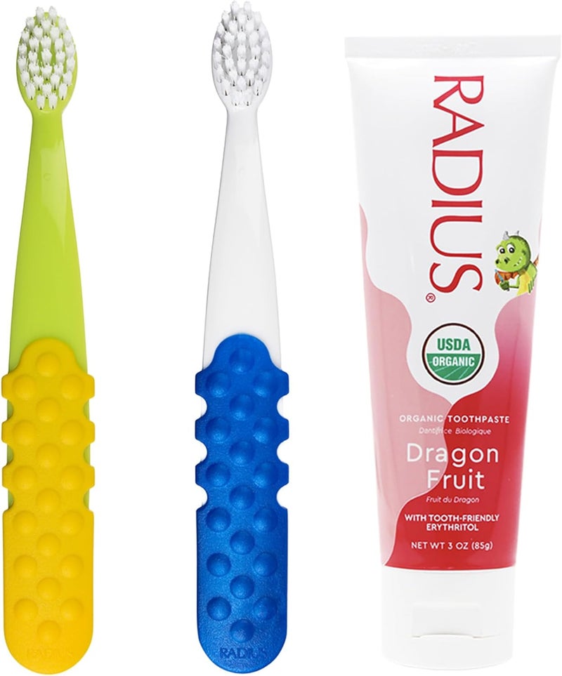 Radius Toddler Toothbrush and Toothpaste Bundle for Kids, 2 Pack Totz Plus Silky Soft Brush in White/Sapphire Blue and Green/Yellow and 1 Count Dragon Fruit Toothpaste, for Children 18 Months and Up - Image 1