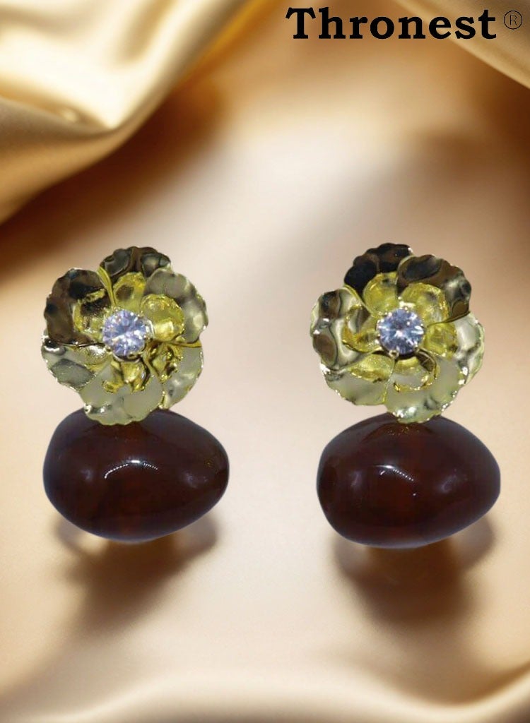 عرش أقراط ذهبية أنيقة مع قلادات من العنبر ， أقراط أذن فاخرة ， تصميم فريد من نوعه لحفلات الزفاف والحفلات وهدية عيد الأم - Image 5