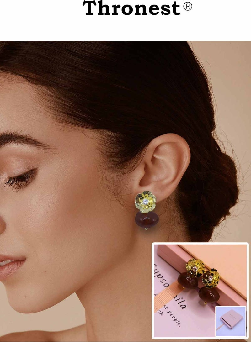 عرش أقراط ذهبية أنيقة مع قلادات من العنبر ， أقراط أذن فاخرة ， تصميم فريد من نوعه لحفلات الزفاف والحفلات وهدية عيد الأم - Image 1