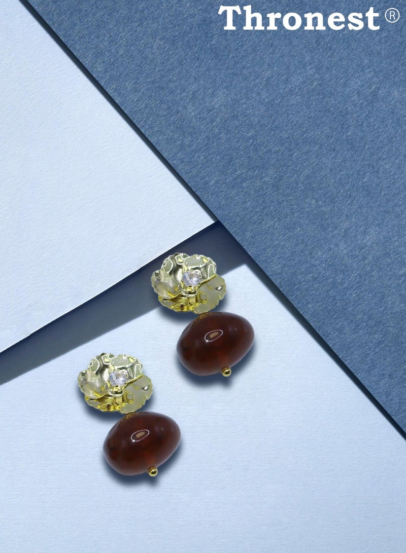 عرش أقراط ذهبية أنيقة مع قلادات من العنبر ， أقراط أذن فاخرة ， تصميم فريد من نوعه لحفلات الزفاف والحفلات وهدية عيد الأم - Image 2