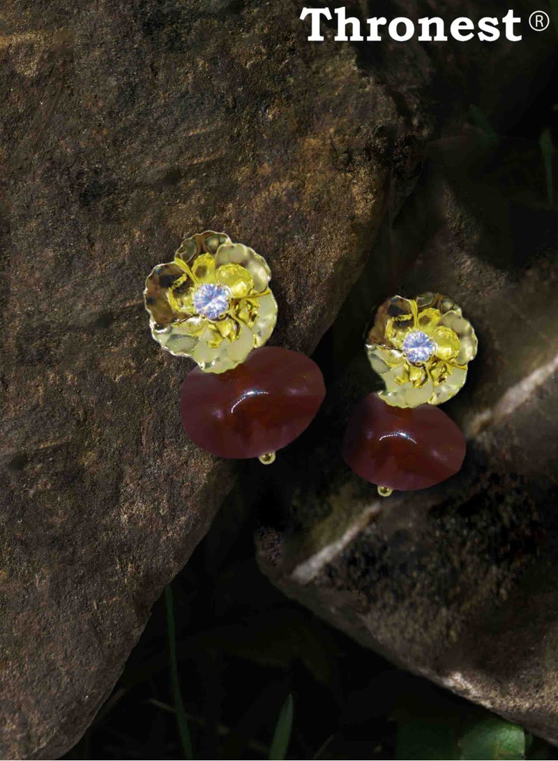 عرش أقراط ذهبية أنيقة مع قلادات من العنبر ， أقراط أذن فاخرة ， تصميم فريد من نوعه لحفلات الزفاف والحفلات وهدية عيد الأم - Image 3