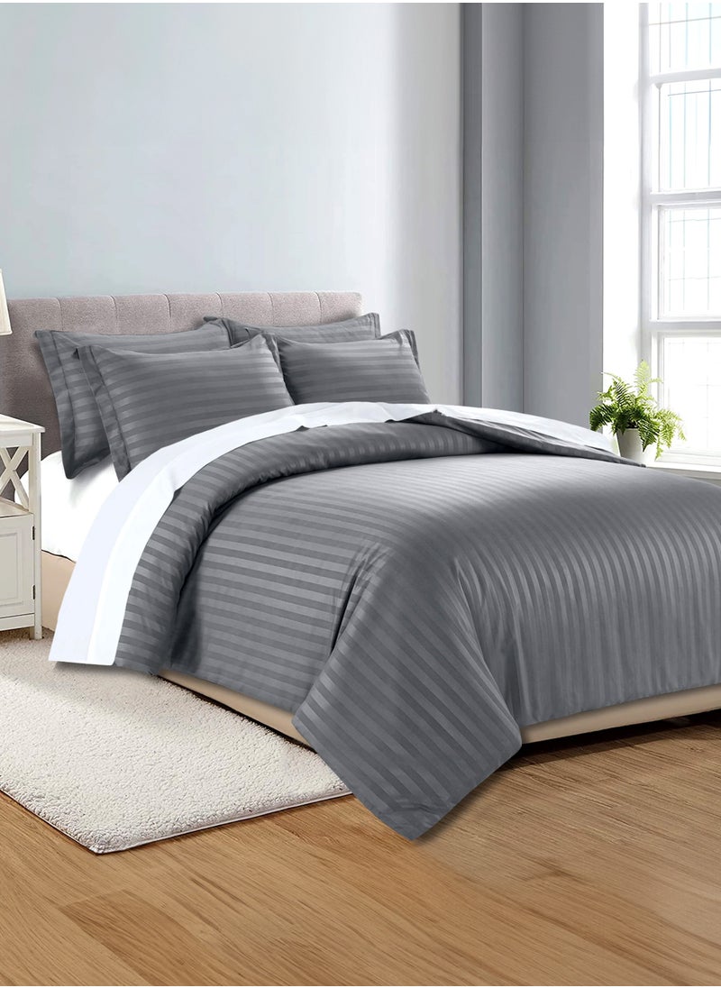 American Linen 4-Piece King Size Duvet Cover Set With Stripes Includes 1xDuvet Cover, 1xFitted Sheet, 2xPillowcase with Zipper Closure, Grey  - Image 1